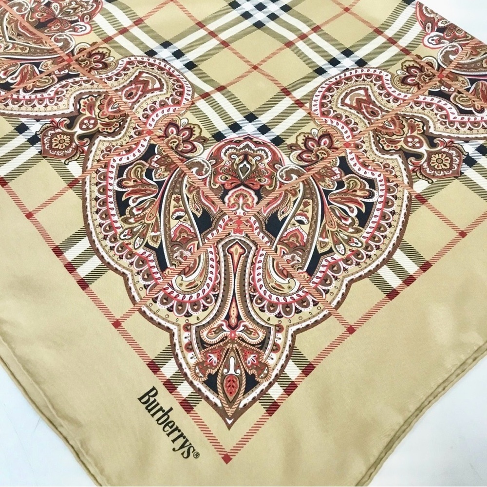 Burberrys Tan and Red Nova Check and Paisley Silk Scarf